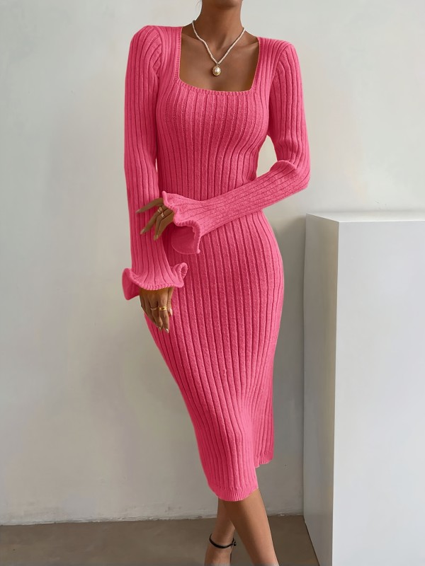 Elegant Ribbed Knit Bodycon Sweater Dress with Lettuce Trim Fluted Sleeves and Square Neckline - Acrylic Blend, Solid Pattern, Middle Eastern Style