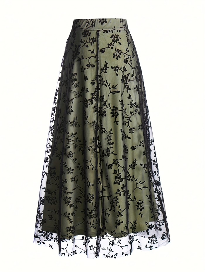 Floral Print Mesh Layered Skirt, Elegant Ruffle Hem Aline Swing Skirt For Spring & Fall, Women's Clothing