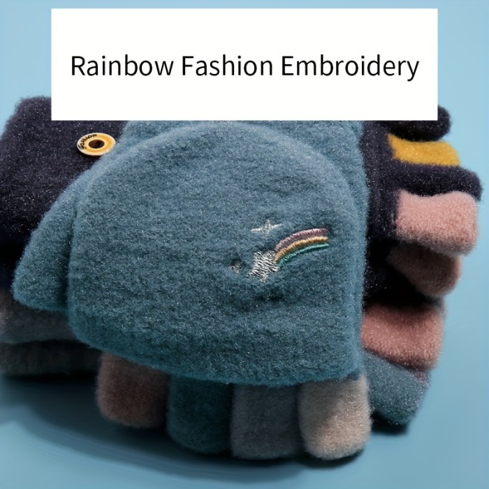 1pc Women's Flip Gloves - Casual Half Finger with Cover, Fashionable Rainbow Stripes, Knitted Acrylic Material, Hand Washable, Pull-On Closure, Ideal for Outdoor Activities \u002F Driving \u002F Cycling, Perfect Gift for Halloween\u002FChristmas\u002FValentine's Day