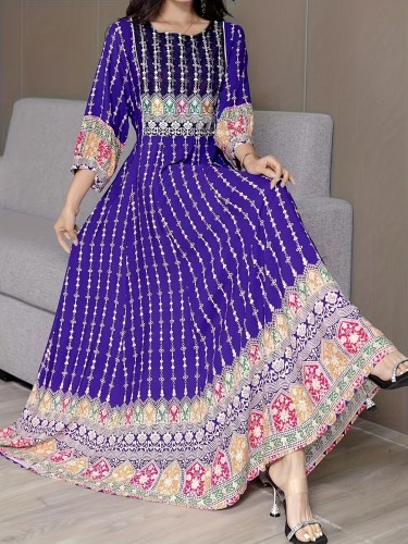 Bohemian Chic Embroidered Maxi Dress - Flowy 3\u002F4 Sleeves, Feminine Swing for Beach Vacations - Stylish Womens Clothing
