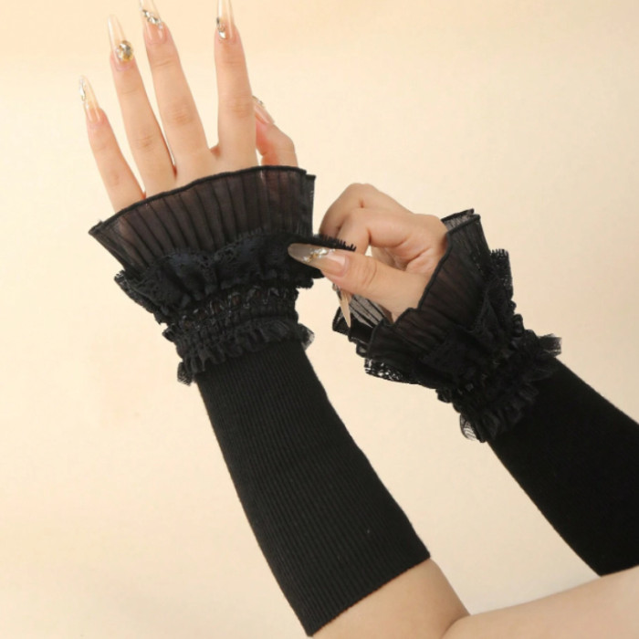 1 Pair Women's Fashion Elastic Fingerless Arm Warmers, Double Layer Lace Knit Cuff, Polyester Stretch Gloves for Casual Wear, Hand Wash Only