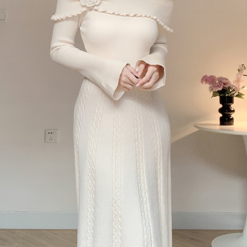 Women's Knit Dress with 3D Floral Off-Shoulder Detail, Long Sleeve, Solid Color, Regular Fit, A-Line, No Belt, Long Length, Sleeveless, Winter Fashion, Sweater Knit Fabric