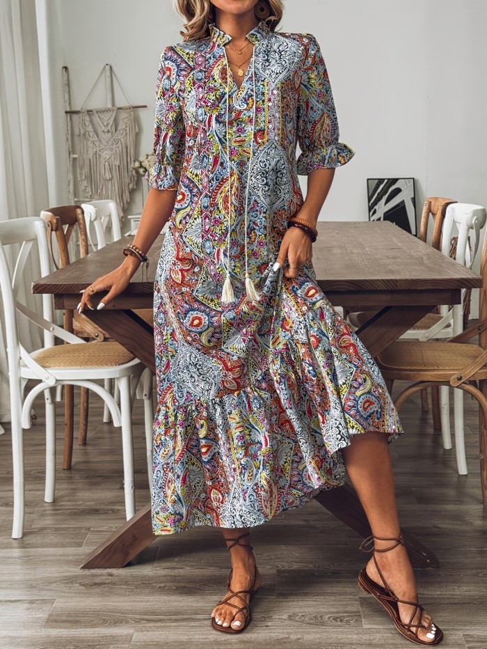 Elegant Boho Paisley Print Midi Dress for Women - V-Neck, Half Sleeve, Non-Stretch Polyester, Machine Washable - Perfect for Spring & Fall