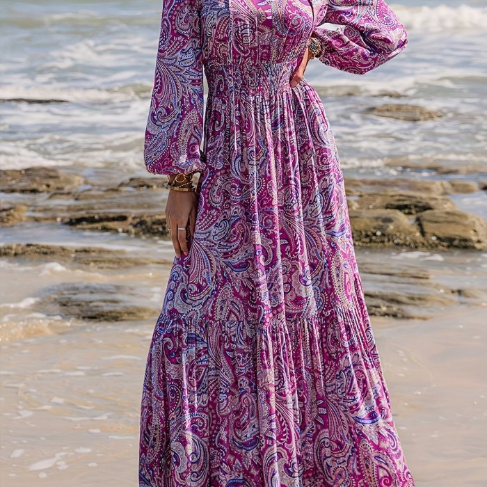 Vibrant Paisley Print Tie Neck A-line Maxi Dress - Elegant Lantern Sleeves, Flowy Silhouette, Vacation-Ready, Women's Clothing for Summer Getaways
