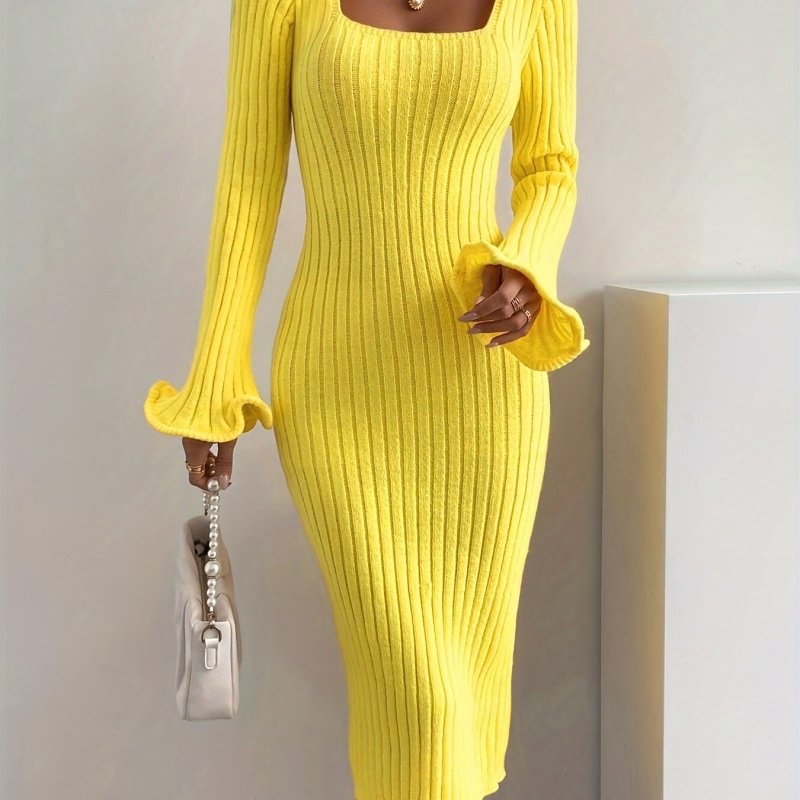 Elegant Ribbed Knit Bodycon Sweater Dress with Lettuce Trim Fluted Sleeves and Square Neckline - Acrylic Blend, Solid Pattern, Middle Eastern Style