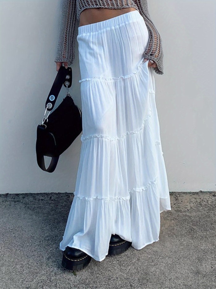 Women Y2k Boho Maxi Skirt Cute Ruffle Hem Long Skirt Elegant Solid Color Elastic Waist Skirt Spring Summer Big Swing Loose Casual Skirt Streetwear