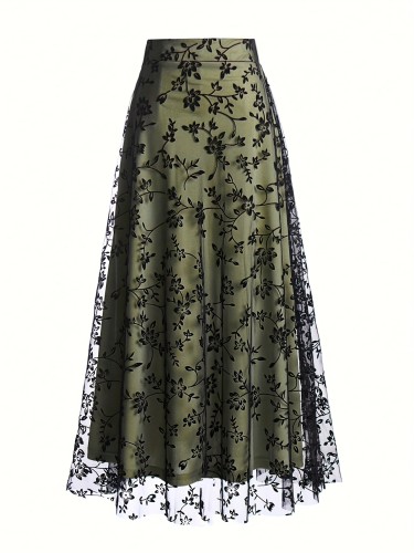 Floral Print Mesh Layered Skirt, Elegant Ruffle Hem Aline Swing Skirt For Spring & Fall, Women's Clothing