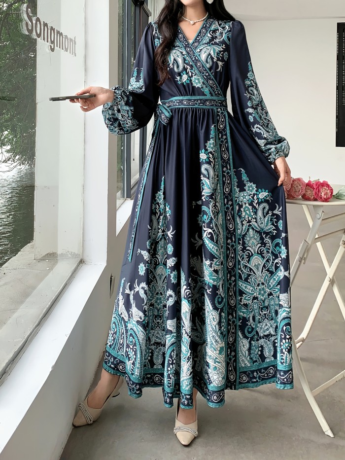 Women'S Chiffon V-Neck Printed Maxi Dress, Vintage Style, Long Sleeve, Waist Tie, A-Line, Regular Fit, All-Season, Adult Fashion