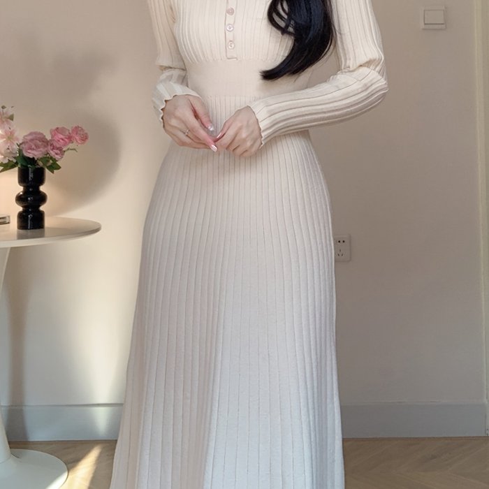 Fall\u002FWinter Asian Style Sweater Dress - Crew Neck Button Detail Knit Long Dress with Solid Color, Regular Sleeve, and Trapeze Hem - Polyester, Polyamide, Viscose Blend