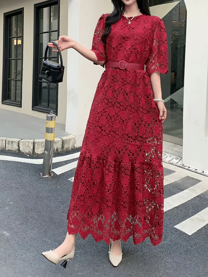 Vintage Chiffon Lace Dress with V-Neck, A-Line Long Skirt, Solid Color, Woven, Belted, Adult Fashion for All Seasons