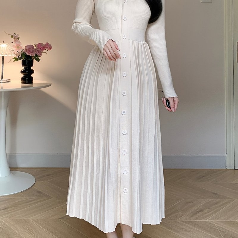 Button Front A-line Long Sleeve Dress, Elegant Solid Color V Neck Sweater Dress For Fall, Women's Clothing