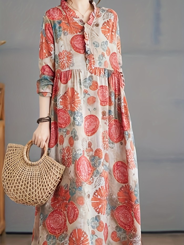 Bohemian Style Linen Maxi Dress - 100% Woven Linen V-Neck Boho Dress with Long Sleeves and Floral Print for All Seasons - Casual Loose-Fit Adult Home Dress