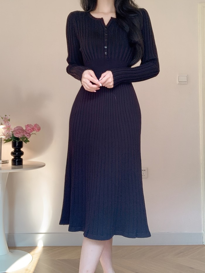 Fall\u002FWinter Asian Style Sweater Dress - Crew Neck Button Detail Knit Long Dress with Solid Color, Regular Sleeve, and Trapeze Hem - Polyester, Polyamide, Viscose Blend