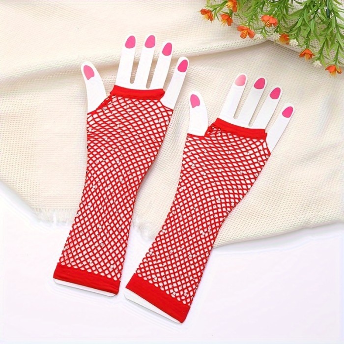 Pair of Elegant Women's Decorative Fingerless Gloves - Lace Mesh, Beaded, Striped, Knitted, Polyester & Spandex Blend for Casual, Outdoor, Fashion, Chic, Spring, Summer, Fall, Sun Protection