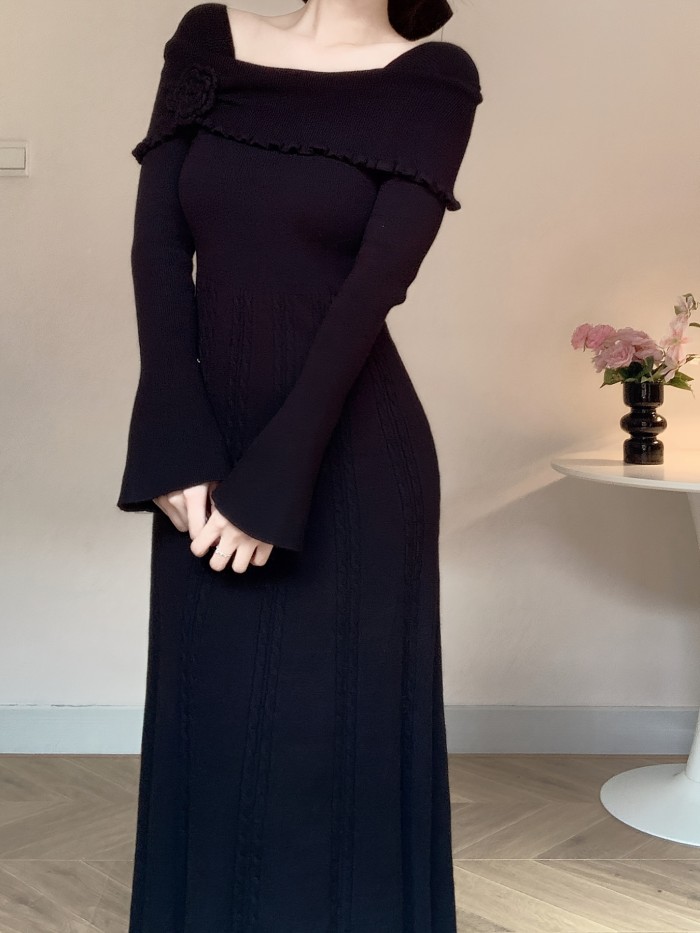 Women's Knit Dress with 3D Floral Off-Shoulder Detail, Long Sleeve, Solid Color, Regular Fit, A-Line, No Belt, Long Length, Sleeveless, Winter Fashion, Sweater Knit Fabric