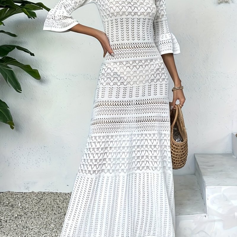 Hollow Out V Neck Knitted Dress, Elegant 3\u002F4 Sleeve Ankle Length Dress For Spring & Summer, Women's Clothing