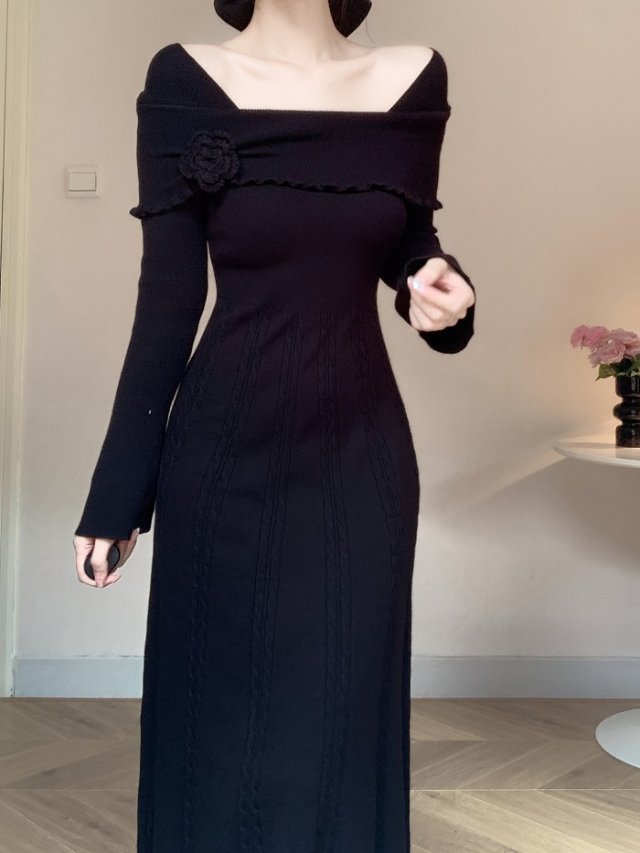 Women's Knit Dress with 3D Floral Off-Shoulder Detail, Long Sleeve, Solid Color, Regular Fit, A-Line, No Belt, Long Length, Sleeveless, Winter Fashion, Sweater Knit Fabric