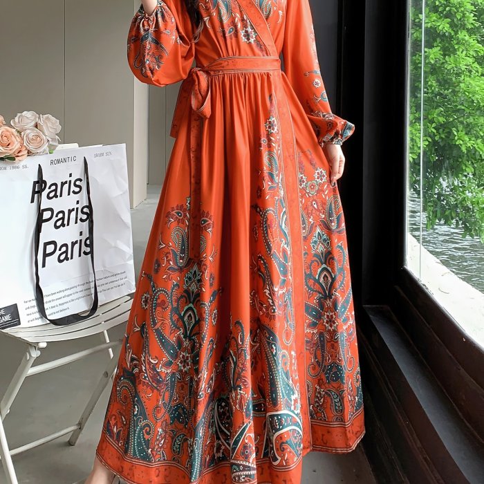 Women'S Chiffon V-Neck Printed Maxi Dress, Vintage Style, Long Sleeve, Waist Tie, A-Line, Regular Fit, All-Season, Adult Fashion