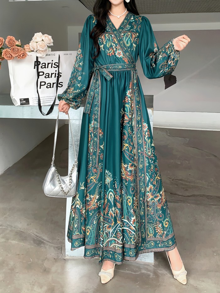 Women'S Chiffon V-Neck Printed Maxi Dress, Vintage Style, Long Sleeve, Waist Tie, A-Line, Regular Fit, All-Season, Adult Fashion