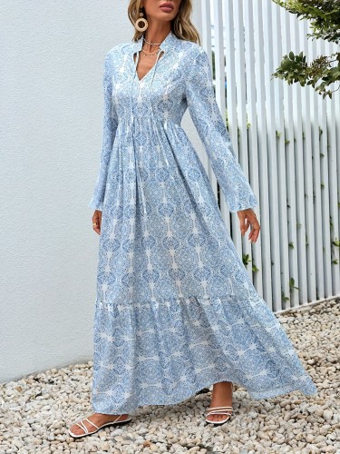 Vibrant Printed Maxi Dress for Women - Casual, Comfortable, V-Neck Polyester Spandex Blend Dresses - Random Print Design, Spring\u002FSummer\u002FAutumn Wear, Easy to Move Around