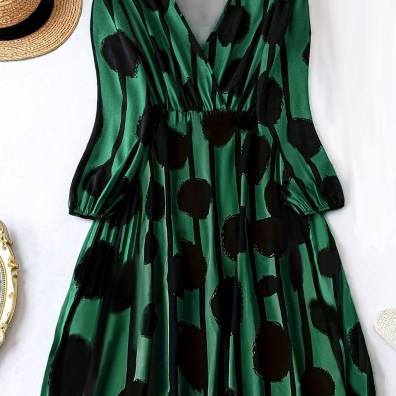 1pc Elegant V-Neck Long Sleeve Dress with Geometric Floral Print, Bohemian Style, Polyester Knit Fabric, Loose Fit, Waist-Cinched, for All Seasons