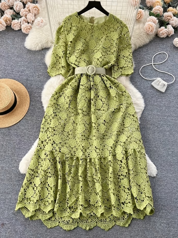 Vintage Chiffon Lace Dress with V-Neck, A-Line Long Skirt, Solid Color, Woven, Belted, Adult Fashion for All Seasons