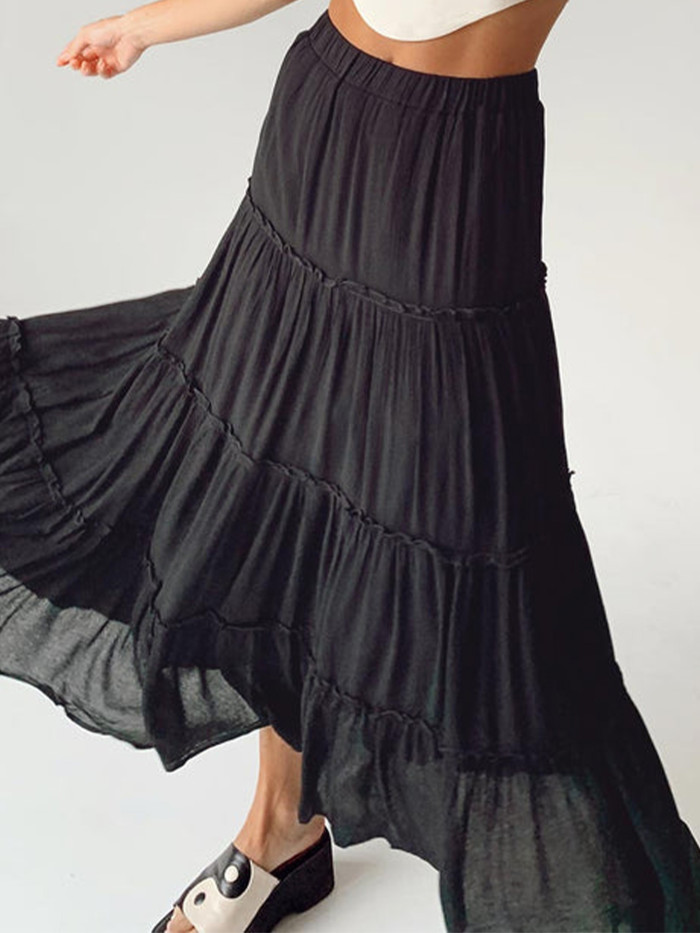 Women Y2k Boho Maxi Skirt Cute Ruffle Hem Long Skirt Elegant Solid Color Elastic Waist Skirt Spring Summer Big Swing Loose Casual Skirt Streetwear