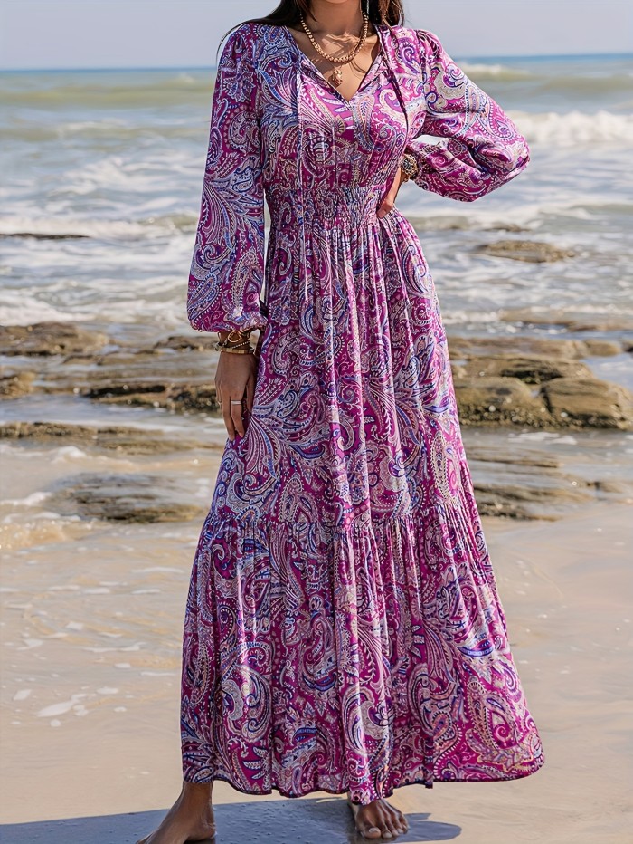 Vibrant Paisley Print Tie Neck A-line Maxi Dress - Elegant Lantern Sleeves, Flowy Silhouette, Vacation-Ready, Women's Clothing for Summer Getaways