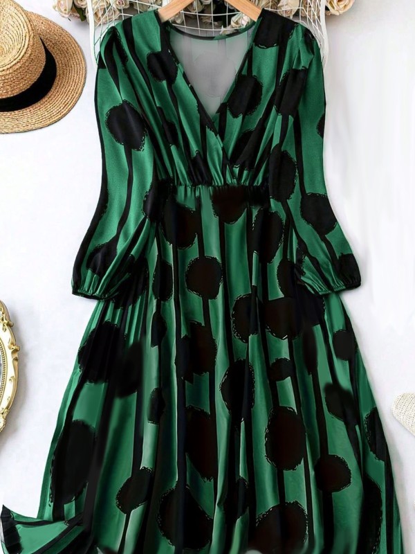 1pc Elegant V-Neck Long Sleeve Dress with Geometric Floral Print, Bohemian Style, Polyester Knit Fabric, Loose Fit, Waist-Cinched, for All Seasons