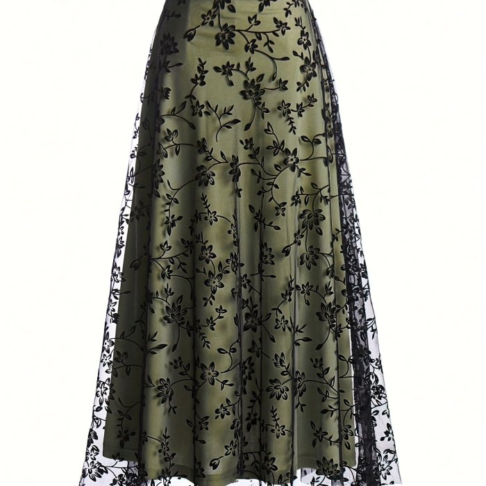 Floral Print Mesh Layered Skirt, Elegant Ruffle Hem Aline Swing Skirt For Spring & Fall, Women's Clothing