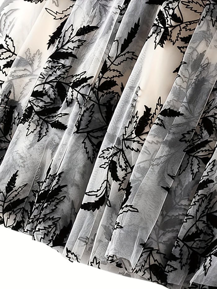 Flirty Plant Print Tiered Mesh Skirt - Elastic Waist, Ruffle Hem Midi Style - Perfect for Trendsetting Women