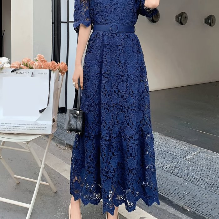 Vintage Chiffon Lace Dress with V-Neck, A-Line Long Skirt, Solid Color, Woven, Belted, Adult Fashion for All Seasons