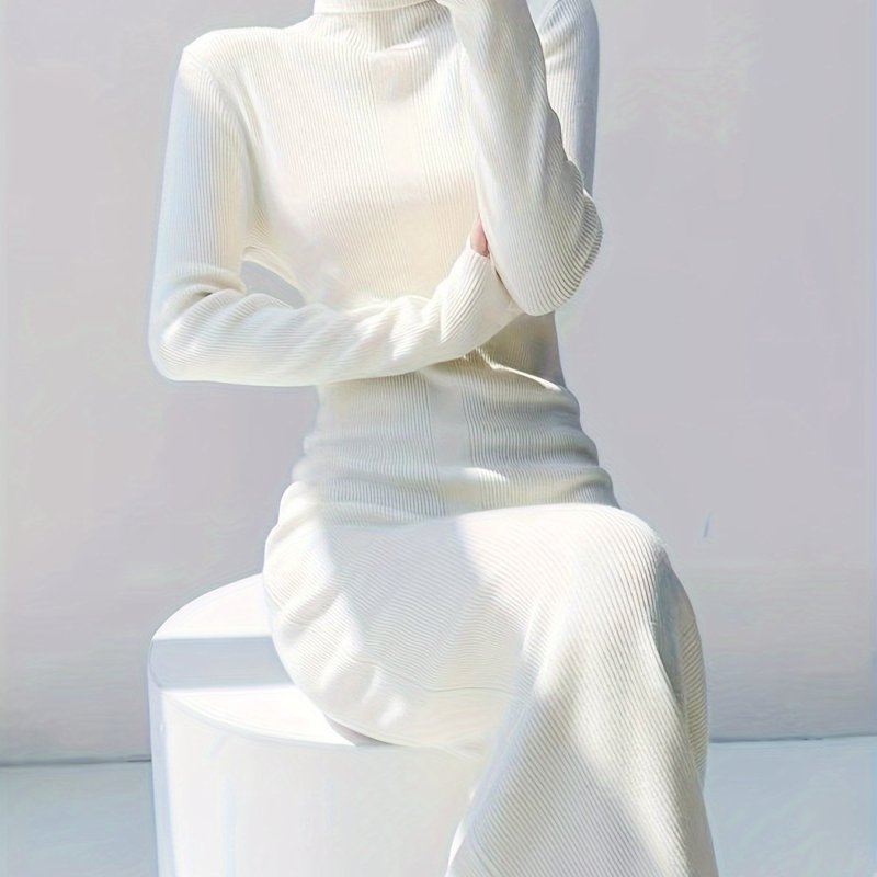 Elegant Women's High-Neck Long Sleeve Fitted Knit Dress - Solid Color, Acrylic Material, X Shape, Knit Fabric
