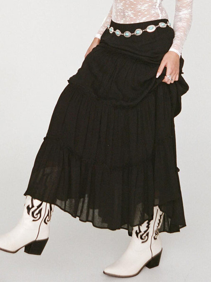 Women Y2k Boho Maxi Skirt Cute Ruffle Hem Long Skirt Elegant Solid Color Elastic Waist Skirt Spring Summer Big Swing Loose Casual Skirt Streetwear
