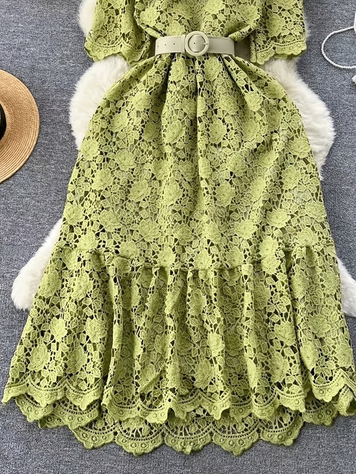 Vintage Chiffon Lace Dress with V-Neck, A-Line Long Skirt, Solid Color, Woven, Belted, Adult Fashion for All Seasons