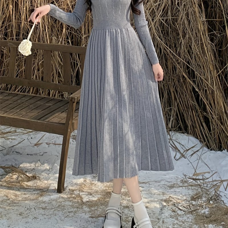 Women's Casual Cable Knit Pleated Sweater Dress - Wool Blend Long Sleeve Midi Dress with Button Detail and Flared Hem - Fall\u002FWinter Collection