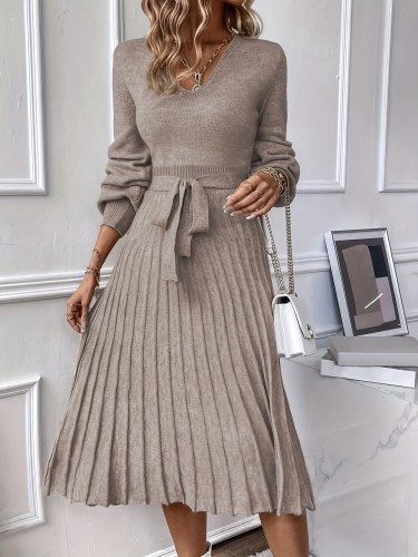 Solid Color Belted Long Sleeve Dress, Elegant A-line V Neck Sweater Dress For Spring & Fall, Women's Clothing