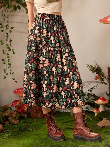 Vibrant Mushroom Print Elastic Waist A-Line Skirt - Women's Elegant Spring & Summer Clothing - Comfortable, Flowy, and Flattering Design for Various Body Types