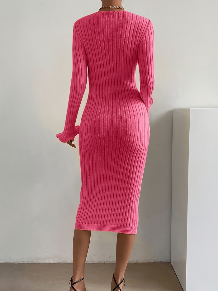Elegant Ribbed Knit Bodycon Sweater Dress with Lettuce Trim Fluted Sleeves and Square Neckline - Acrylic Blend, Solid Pattern, Middle Eastern Style