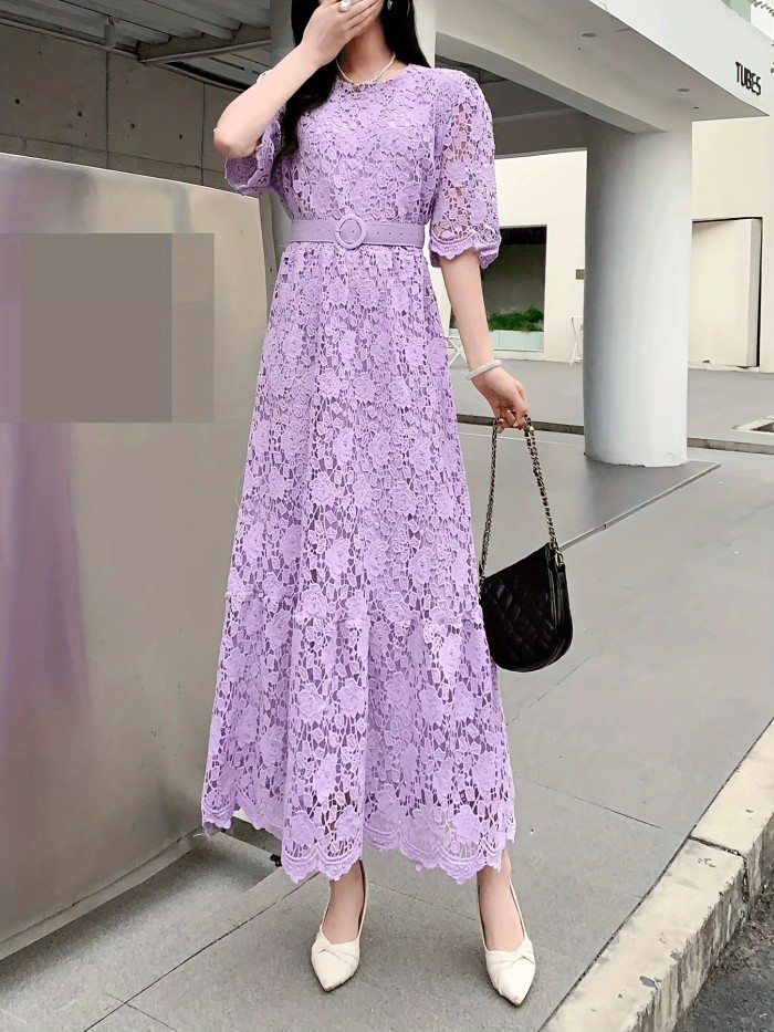 Vintage Chiffon Lace Dress with V-Neck, A-Line Long Skirt, Solid Color, Woven, Belted, Adult Fashion for All Seasons