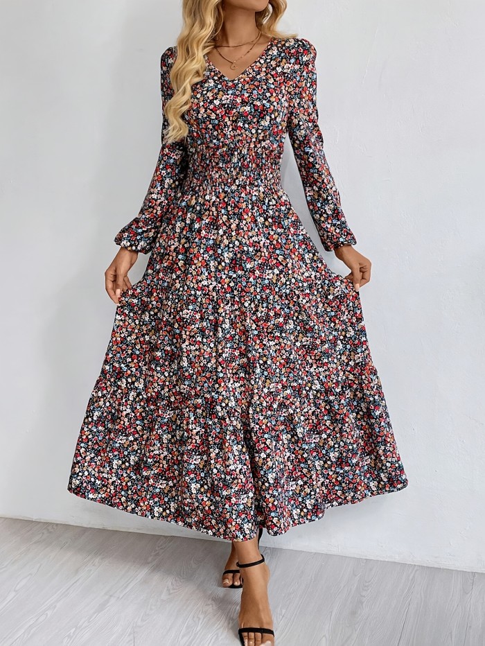 Elegant Boho Floral V-Neck Long Sleeve Dress with Ruffle Hem - Machine Washable, Polyester - Perfect for Spring\u002FSummer\u002FFall