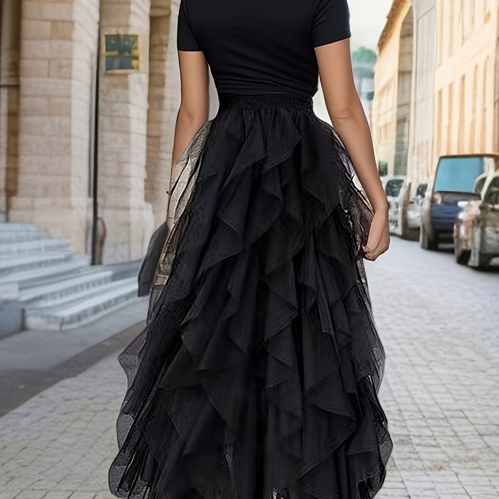 Fluffy Mesh Tutu Skirt - Fashionable Casual Style - Rich Solid Colors - Comfortable Elastic Waistband - Romantic Tiered Layers - Perfect for Womens Everyday Wear