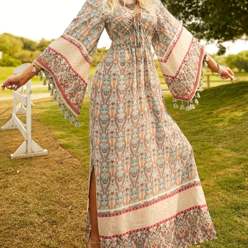 Vibrant Boho Chic Floral Print Split Hem Dress - Women's Long Sleeve Loose Fit Vacation Dress for Spring & Fall - Comfortable, Relaxed Fit, Perfect for Outdoor Activities