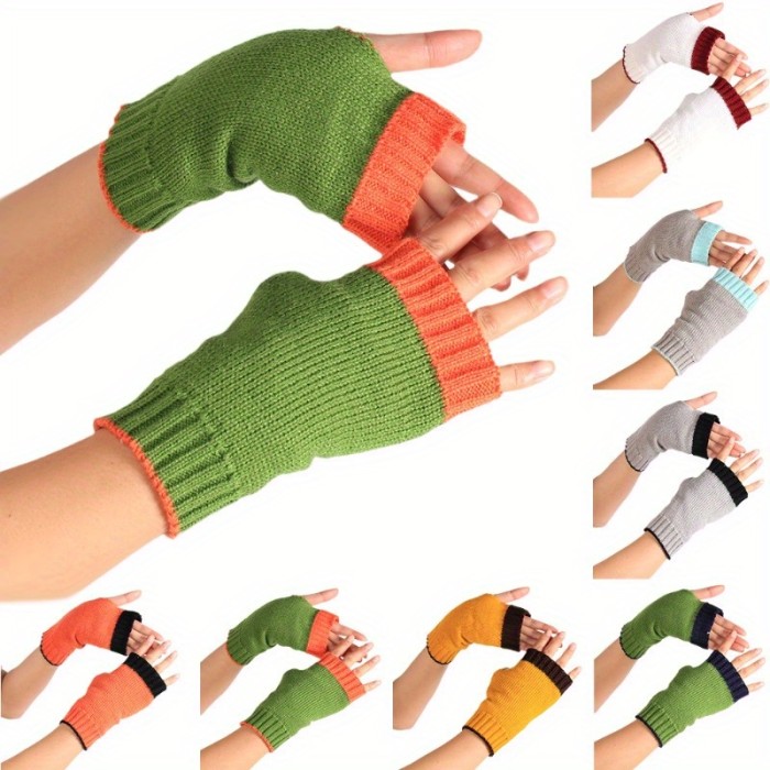 Stylish Color Block Knit Gloves Elegant Elastic Fingerless Gloves Autumn Winter Soft Warm Writing Gloves