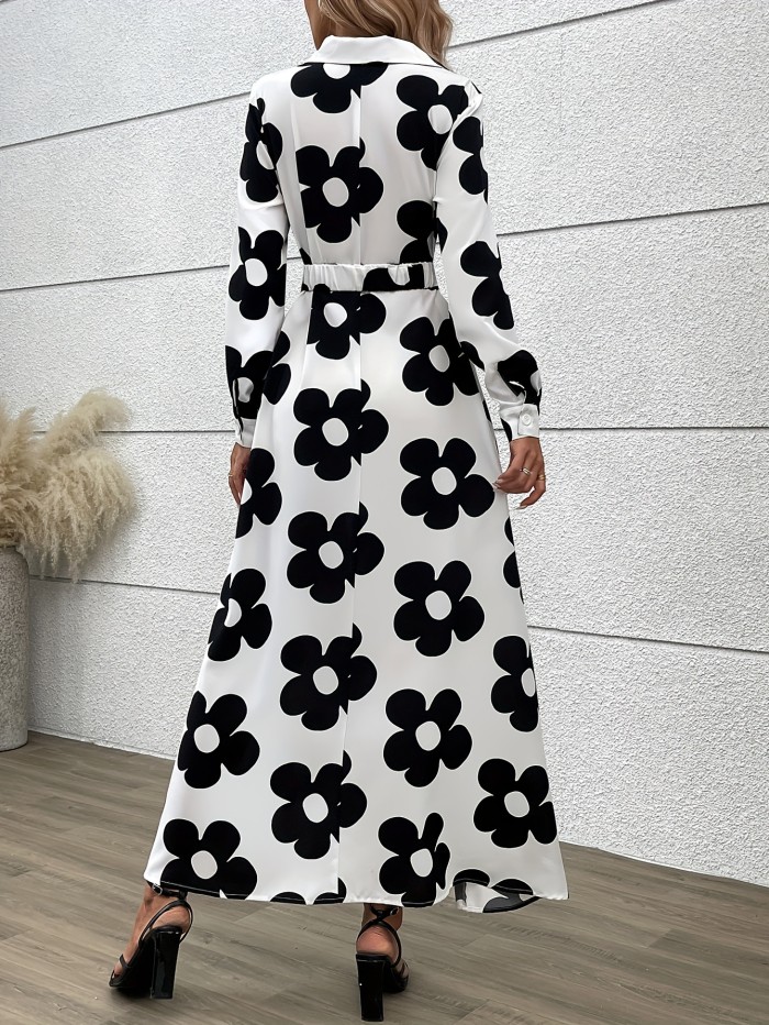 Floral Print Long Sleeve Dress, Elegant Button Front A-line Dress For Spring & Fall, Women's Clothing