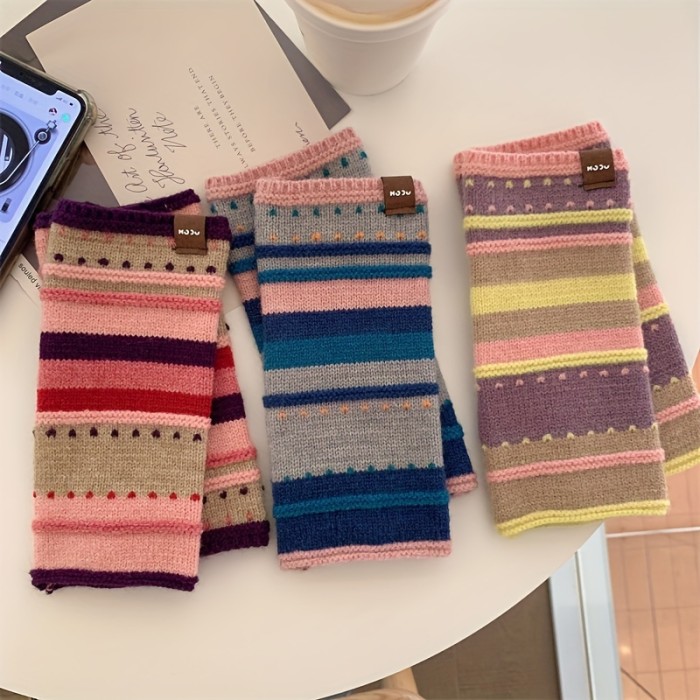 Chic Color Block Knit Gloves for Women - Stretchy, Fingerless Design with Star Pattern, Perfect for Outdoor Warmth & Style