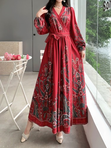 Women'S Chiffon V-Neck Printed Maxi Dress, Vintage Style, Long Sleeve, Waist Tie, A-Line, Regular Fit, All-Season, Adult Fashion