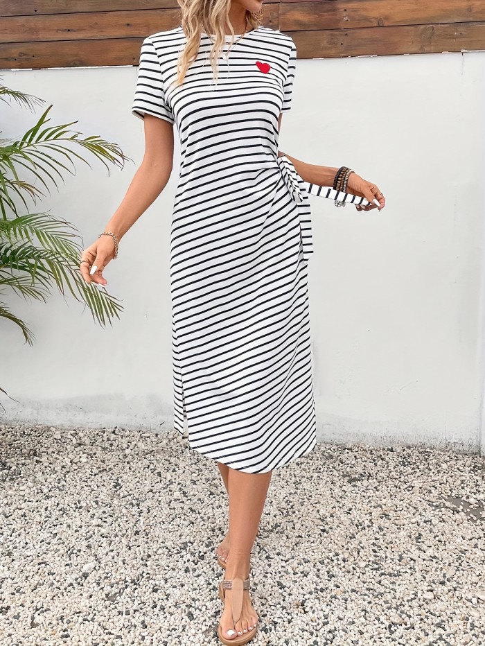 Chic Women's Striped & Heart Embroidered Midi Dress with Bow Waist - Casual Round Neck Short Sleeve, Machine Washable