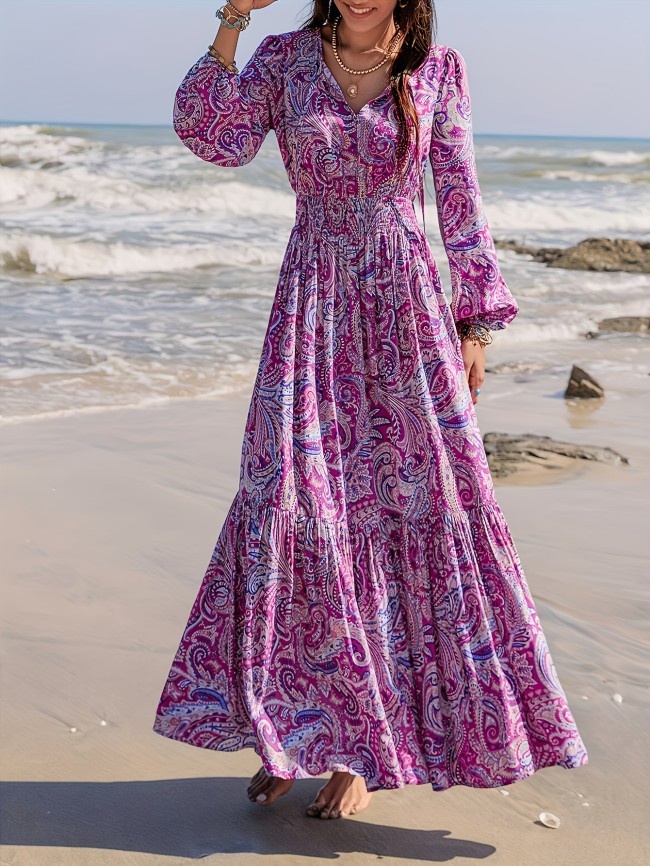 Vibrant Paisley Print Tie Neck A-line Maxi Dress - Elegant Lantern Sleeves, Flowy Silhouette, Vacation-Ready, Women's Clothing for Summer Getaways