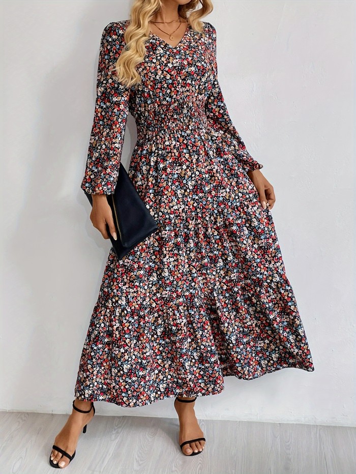 Elegant Boho Floral V-Neck Long Sleeve Dress with Ruffle Hem - Machine Washable, Polyester - Perfect for Spring\u002FSummer\u002FFall